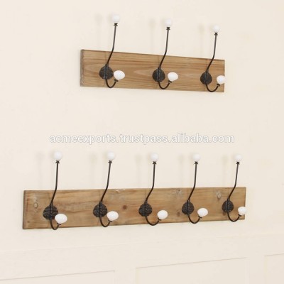 Ceramic Hook With Wood Plaque Wall Mounted Coat Hanger