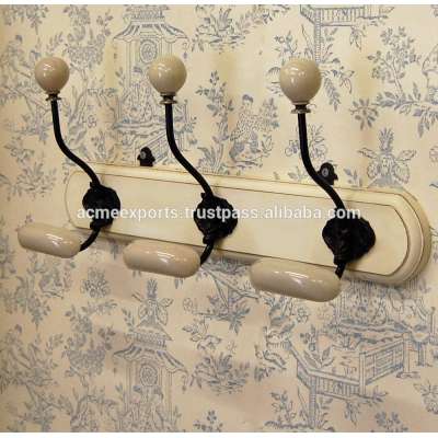 Ceramic knob With Cast Iron Coat Hangers and Wall Mount Hooks With Natural Wooden Base