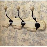 Ceramic knob With Cast Iron Coat Hangers and Wall Mount Hooks With Natural Wooden Base