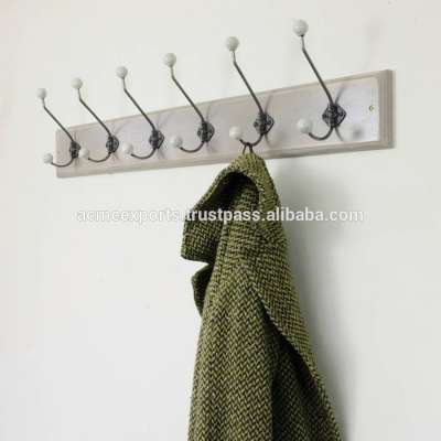 Double Robe Ceramic knobs Coat Hanger With Wooden Wall Plate Hooks With Round Ceramic Knobs ball Shape