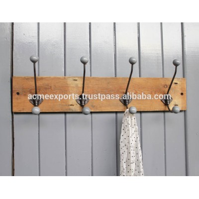 Wooden Base Iron Coat Hangers With White Ceramic Hooks