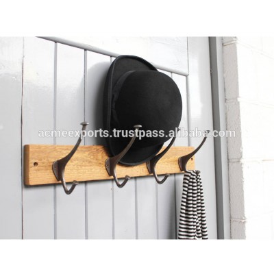 Cast iron Hat Hooks With Wooden Base , House Hold Coat Hanger with Wooden Base With Wall Mounted